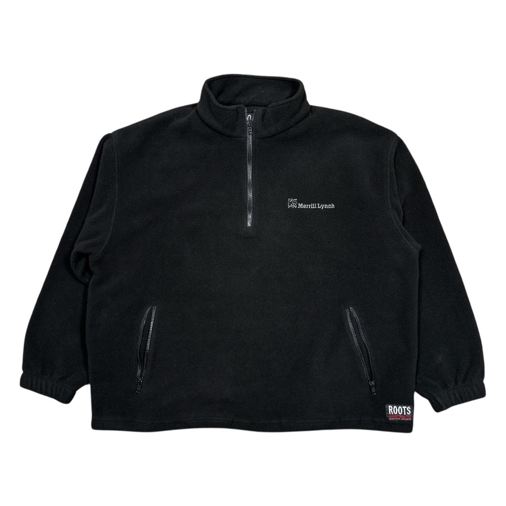 Vintage 90s Roots Merrill Lynch 1/4 Zip Black Polar Fleece Sweater Mens XL
